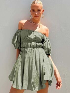 PRINCESS POLLY Halton Olive Green Short Sleeve Balloon Mini Dress Women’s SZ 12